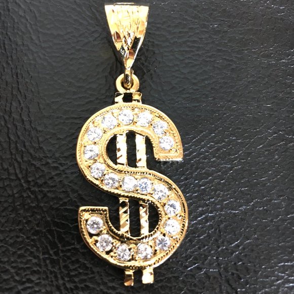 70’s Style Pimp Rapper  CZ Diamonds Gold Dollar Sign Necklace NOS NWOT - Picture 2 of 7